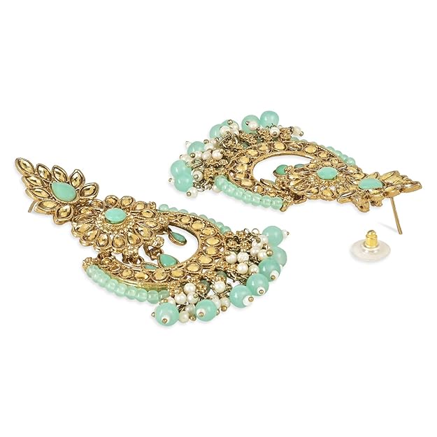 Indian Head Nickel Earrings in Gold Plated Kundan Pearl Drop Design with Maang Tikka