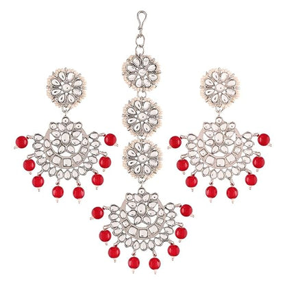 Traditional Earrings India in Rhodium Plated Kundan & Faux Pearl Chandbali Maang Tikka Set