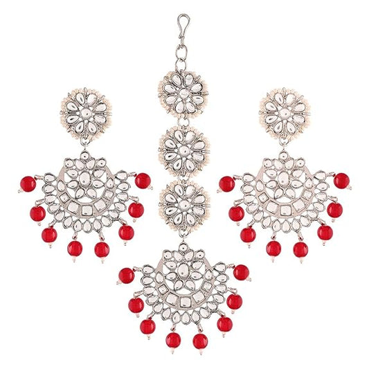 Traditional Earrings India in Rhodium Plated Kundan & Faux Pearl Chandbali Maang Tikka Set