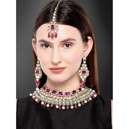 Crystal Choker Necklace with Maang Tikka and Earrings Indian Traditional Bridal Wedding Jewellery Set for Women