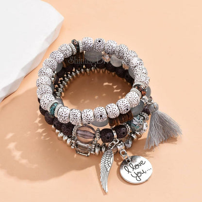 Bohemian I Love You Feather Charm Beaded Multilayer Bracelet for Women & Girls