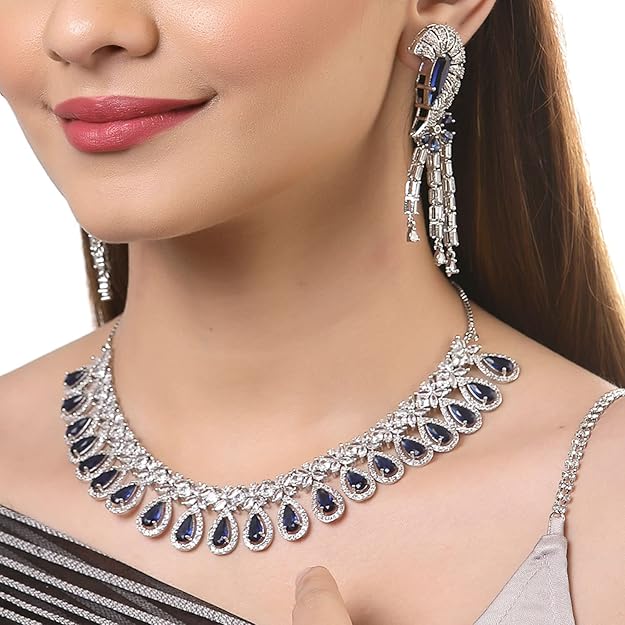 Blue American Diamond Necklace in Rhodium Plated Silver Toned White AD Studded Necklace and Earrings Jewellery Set