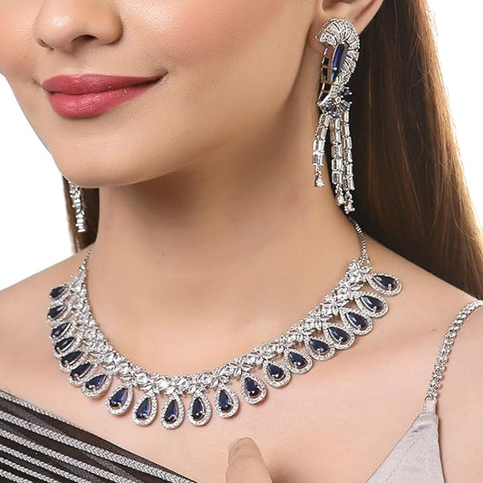 Blue American Diamond Necklace in Rhodium Plated Silver Toned White AD Studded Necklace and Earrings Jewellery Set