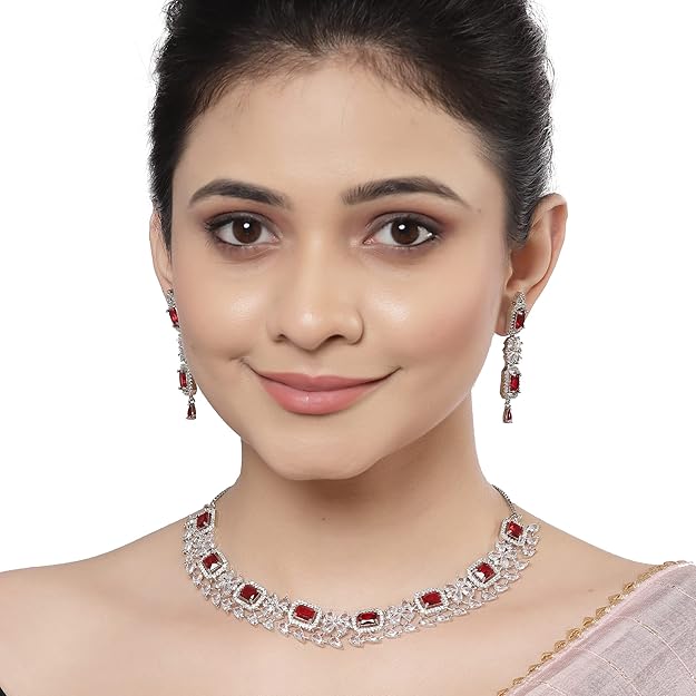 American Diamond Jewellery in Rhodium Plated Silver Toned Green and White AD Studded Necklace and Earrings Set for Women