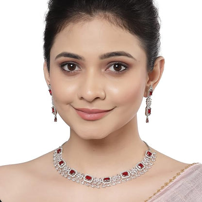 American Diamond Jewellery in Rhodium Plated Silver Toned Green and White AD Studded Necklace and Earrings Set for Women