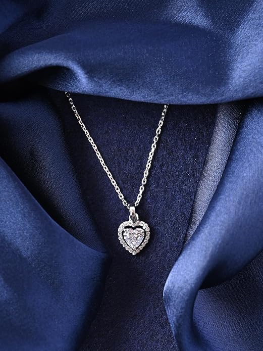Silver Heart Pendant Necklace in Sterling Silver Zilvia Heart Solitaire Design with Platinum Plated Swiss Zirconia