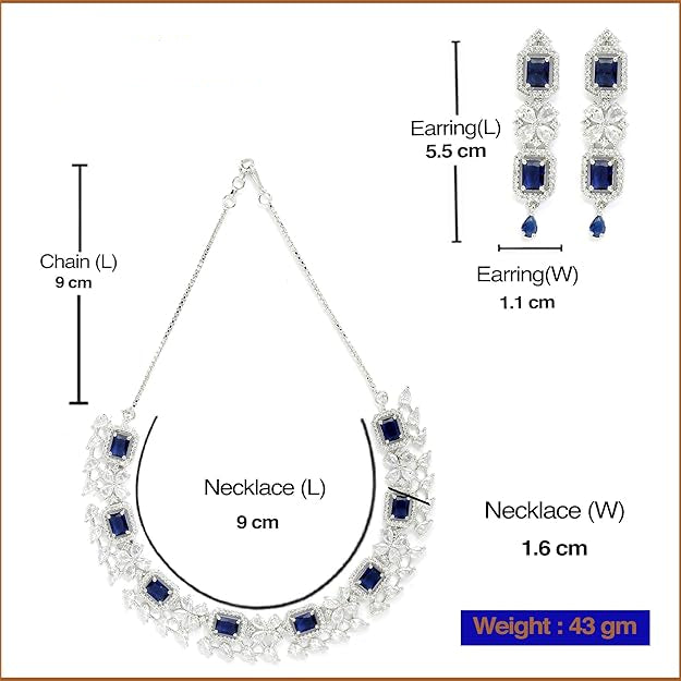 American Diamond Jewellery in Rhodium Plated Silver Toned Green and White AD Studded Necklace and Earrings Set for Women