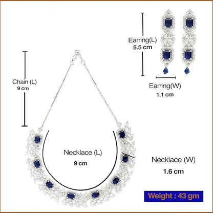 American Diamond Jewellery in Rhodium Plated Silver Toned Green and White AD Studded Necklace and Earrings Set for Women