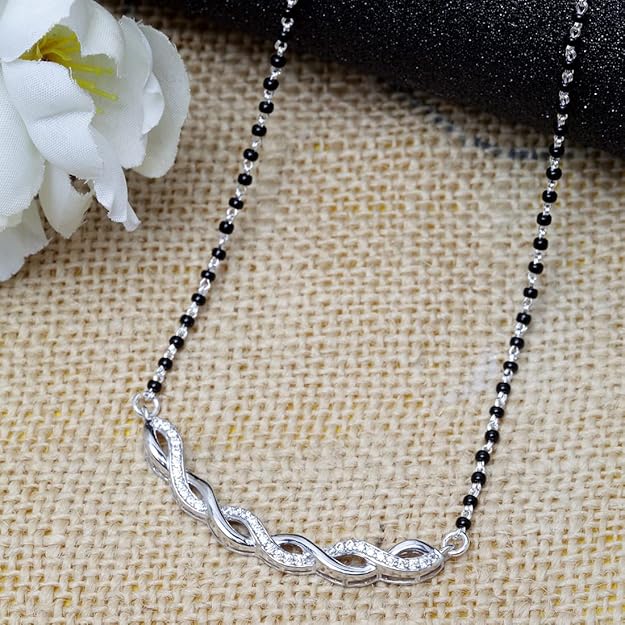 Diamond Mangalsutra Pendant in 925 Sterling Silver Sparkling Zirconia Studded Platinum Plated Design