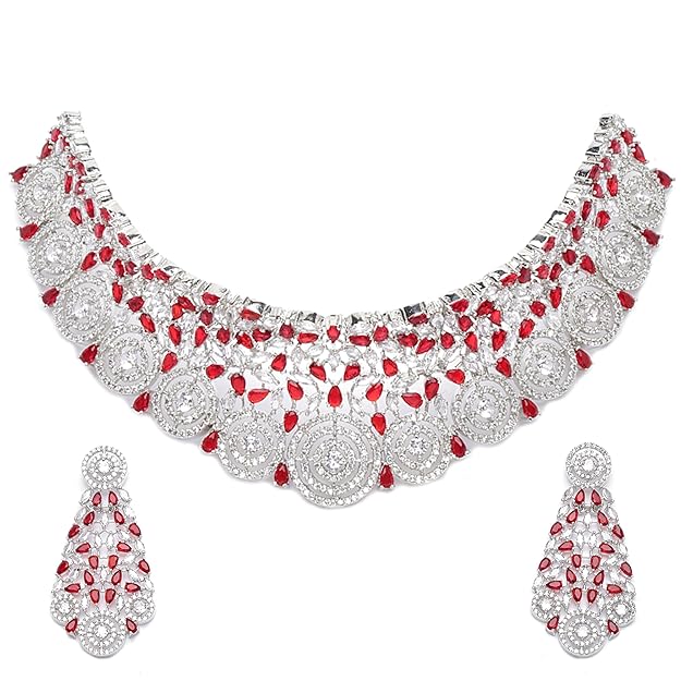 American Diamond Necklace Set in Rhodium Plated Silver Toned AD Choker Necklace with Earrings Jewellery Set for Women and Girls