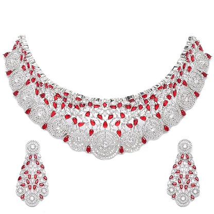 American Diamond Necklace Set in Rhodium Plated Silver Toned AD Choker Necklace with Earrings Jewellery Set for Women and Girls