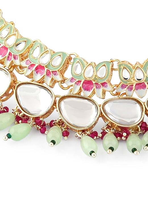 Lotus Green Pink Meenakari Necklace Earring Set