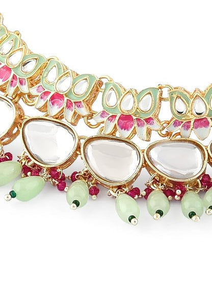 Lotus Green Pink Meenakari Necklace Earring Set
