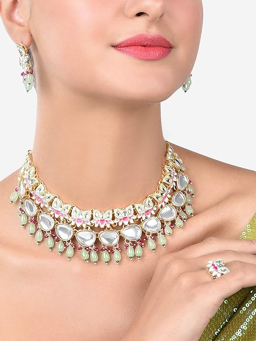 Lotus Green Pink Meenakari Necklace Earring Set