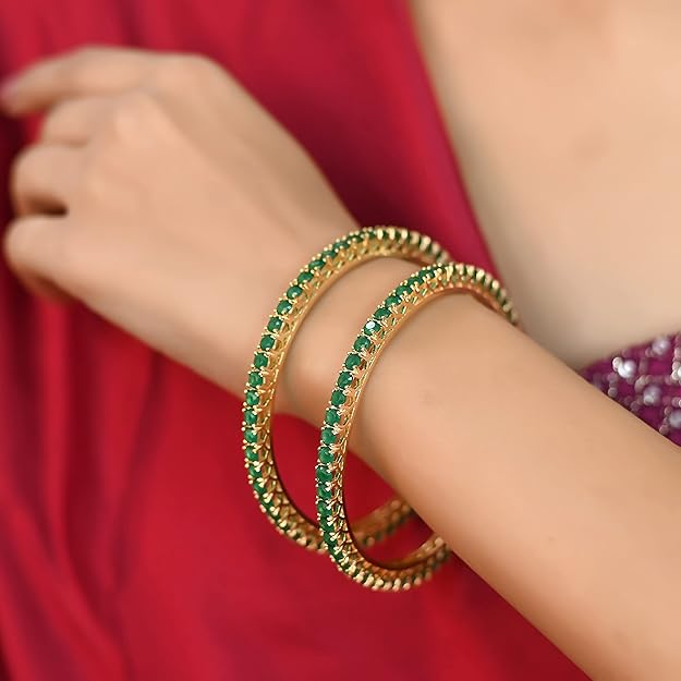 Gold Plated Green Emerald AD Bangle Set