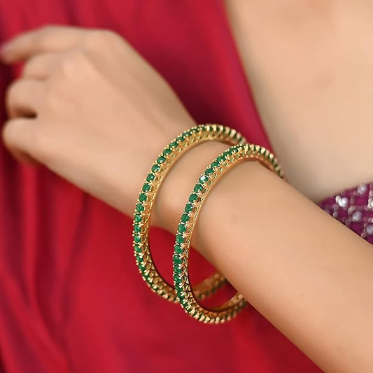 Gold Plated Green Emerald AD Bangle Set