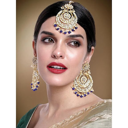 Mang Tikka for Women in Traditional Rhodium Kundan & Pearl Earring Set Design