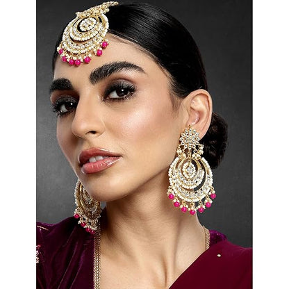 Mang Tikka for Women in Traditional Rhodium Kundan & Pearl Earring Set Design