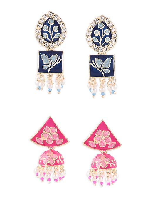 Blue And Pink Meenakari Jhumki Earrings Set Of 2