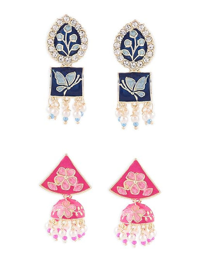 Blue And Pink Meenakari Jhumki Earrings Set Of 2