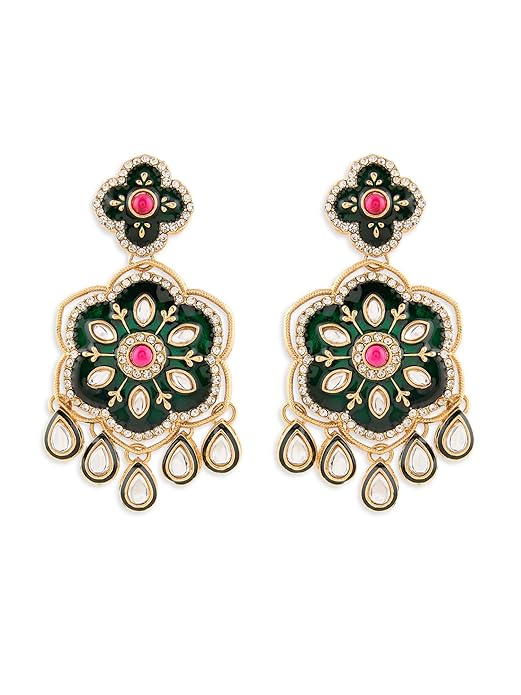 Green Meenakari Pink Stone Pearl Dangler Earrings