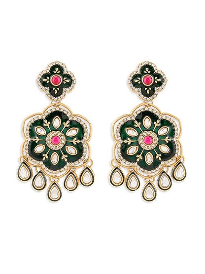 Green Meenakari Pink Stone Pearl Dangler Earrings
