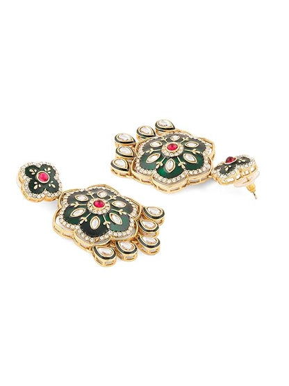 Green Meenakari Pink Stone Pearl Dangler Earrings