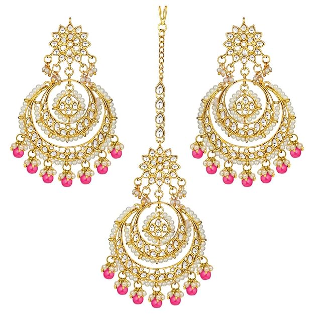 Pearl Necklace and Earring Set in Gold Plated Kundan Chandbali Design with Maang Tikka