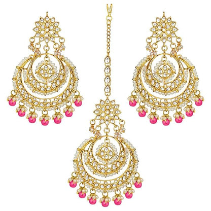 Pearl Necklace and Earring Set in Gold Plated Kundan Chandbali Design with Maang Tikka