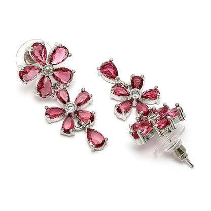 American Diamond Jewellery in Silver in Rhodium Plated Silver Toned White AD Studded Flower Shaped Jewellery Set