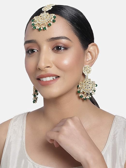 Dulhan Mang Tika in Gold Plated Traditional Kundan & Faux Pearl Chandbali Earring Set