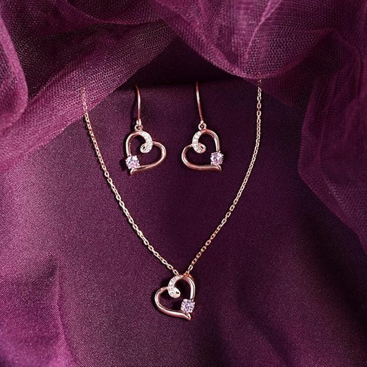 Pink Heart Jewelry Set in Sterling Silver Pendant and Earring Design with Rose Gold Plated Swiss Zirconia