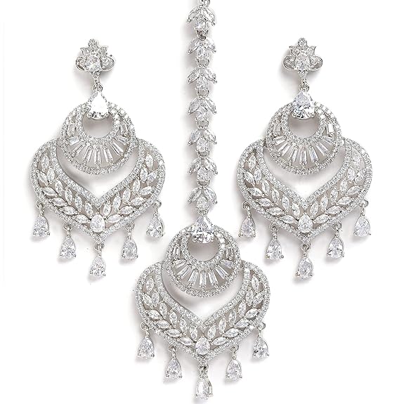 AD Mang Tika in Rhodium Plated Stylish Shiny Round Design Maang Tikka Earring Jewellery Set