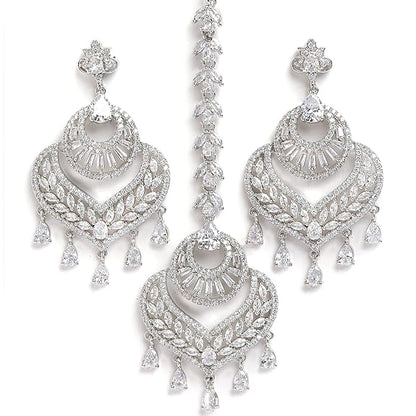 AD Mang Tika in Rhodium Plated Stylish Shiny Round Design Maang Tikka Earring Jewellery Set