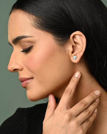 Heart Stud Earrings in Sterling Silver Zilvia Heart Solitaire Design with Platinum Plated Swiss Zirconia
