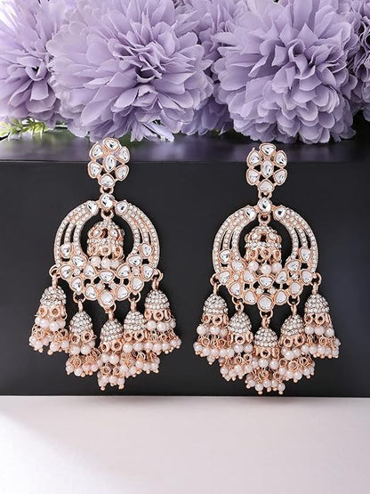 Rose Gold Kundan AD Drop Jhumka Earrings