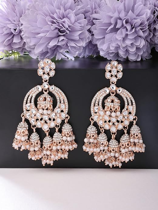 Indian Jhumkas in Rose Gold Kundan and Austrian Diamond Embellished Drop Design