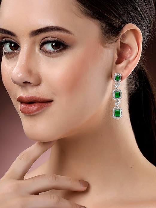 Green And White American Diamond Drop Earrings