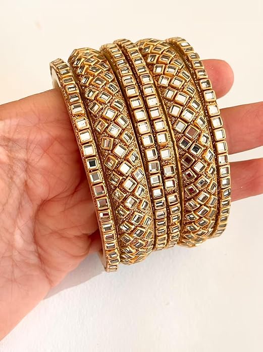 Silver Kundan Square Set with 2 Kada and 4 Chudi Set I Customize with any Color