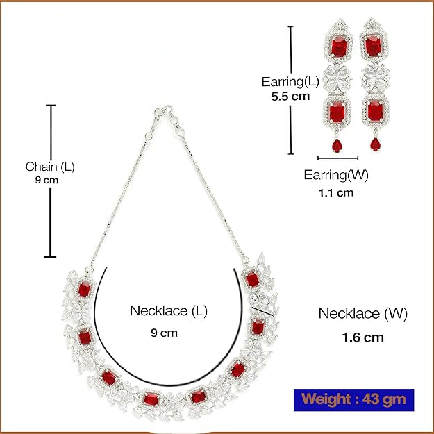 American Diamond Jewellery in Rhodium Plated Silver Toned Green and White AD Studded Necklace and Earrings Set for Women