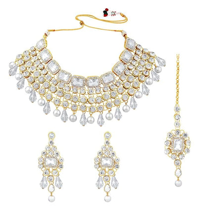 Crystal Choker Necklace with Maang Tikka and Earrings Indian Traditional Bridal Wedding Jewellery Set for Women