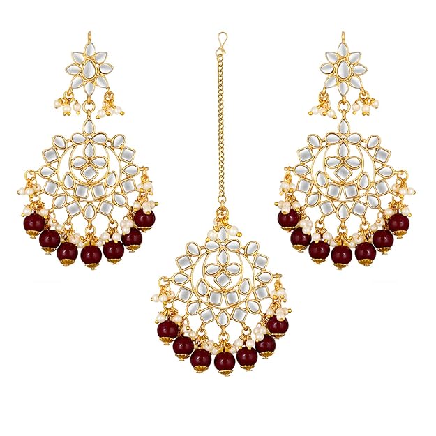 Maang Tikka with Pearl in Gold Plated Kundan Blue Faux Pearl Wedding Set