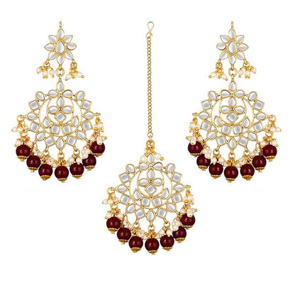 Maang Tikka with Pearl in Gold Plated Kundan Blue Faux Pearl Wedding Set