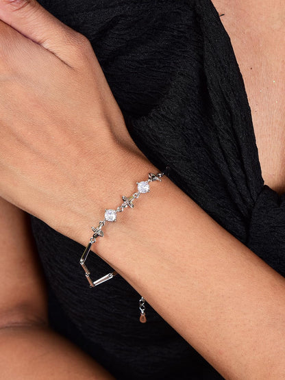 Silver Plated Clover Charm Bracelet with Cubic Zirconia Stones for Women & Girls