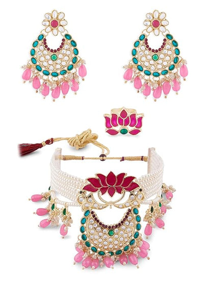 Meenakari Necklace Choker Set Green Pink Lotus
