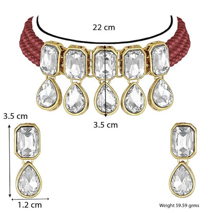 Indian Choker Set in Traditional Crystal and Pearl Choker Necklace with Earrings Jewellery Set for Women and Girls