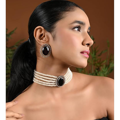 Choker Necklace in Gold Plated Traditional Stone Studded Pearl Choker Necklace Jewellery Set for Women and Girls