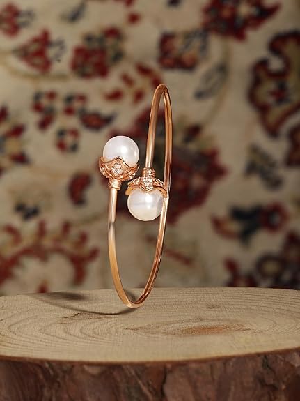 Pearl Rose Gold Bracelet with Cubic Zirconia Embellished Kada Design
