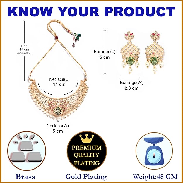 American Diamond Necklace in Gold Plated White & Red AD Studded Necklace with Drop Pearl Beaded Jewellery Set for Women and Girls