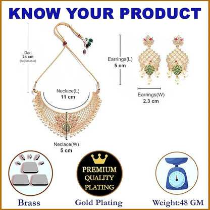 American Diamond Necklace in Gold Plated White & Red AD Studded Necklace with Drop Pearl Beaded Jewellery Set for Women and Girls